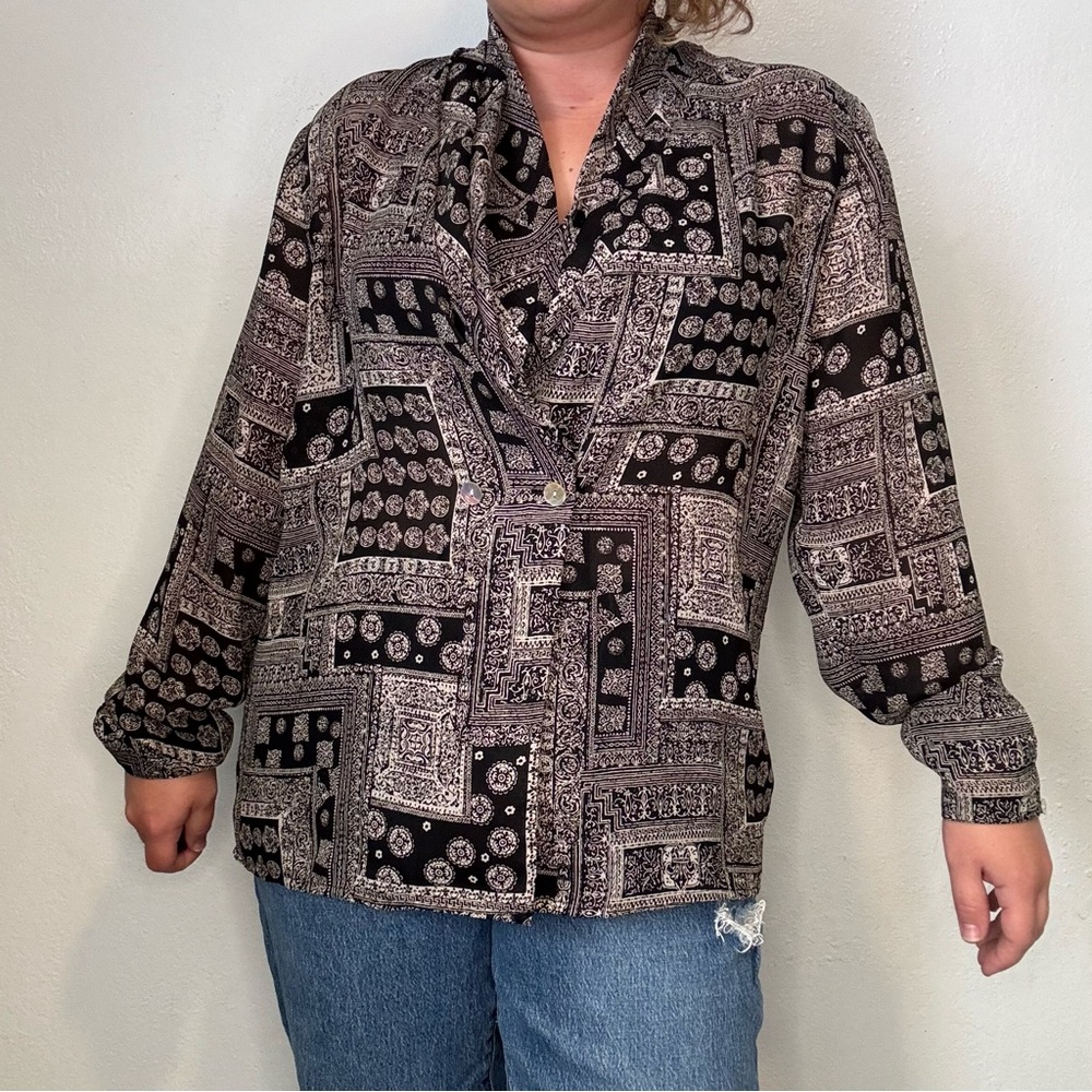 Vtg Susan Hutton Black & White Button Down Double Breasted Blouse Size 14 - Picture 2 of 10